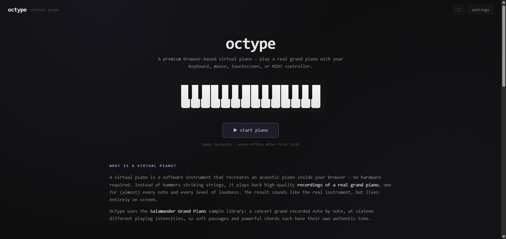 Octype Grand Piano Home Interface